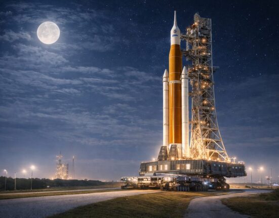 „Artemis II“ raketa pradėjo lėtą kelionę link starto aikštelės prieš planuojamą skrydį aplink Mėnulį