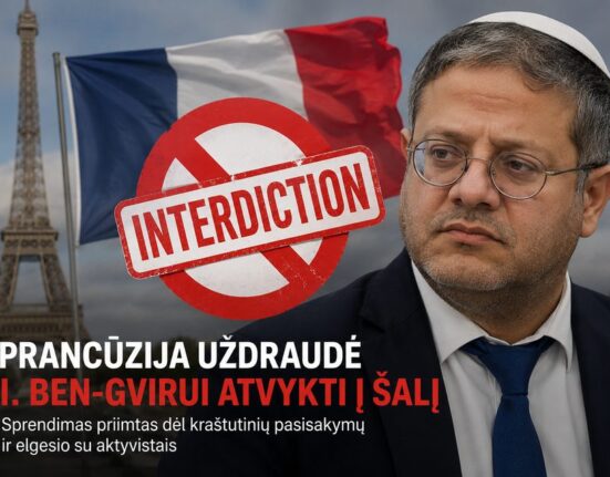 Prancūzija uždraudė Izraelio ministrui I. Ben-Gvirui atvykti į šalį dėl pasityčiojimo iš Gazos flotilės aktyvistų
