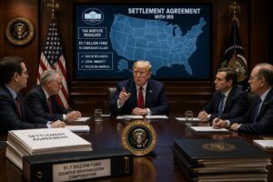 Milžiniškas fondas mainais į imunitetą: Trumpo administracija užbaigė mokesčių ginčą su IRS