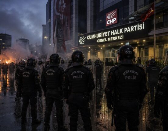 Politinė krizė Turkijoje: riaušių policija ašarinėmis dujomis šturmavo opozicinės CHP partijos būstinę Ankaroje