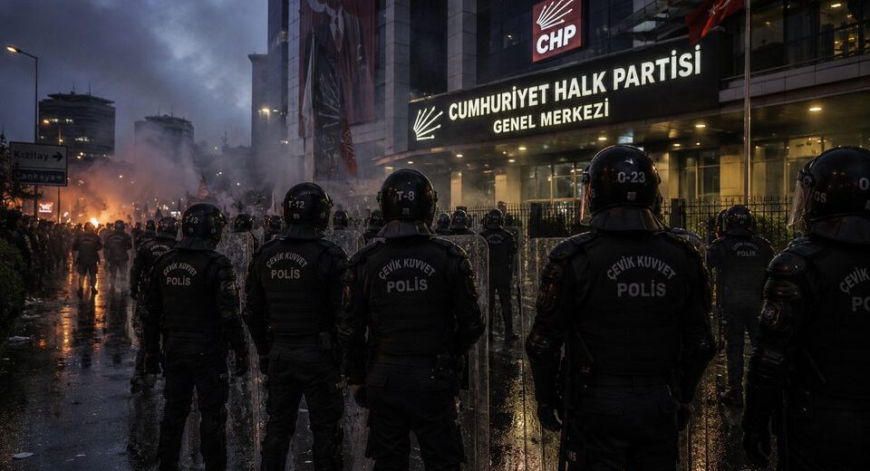 Politinė krizė Turkijoje: riaušių policija ašarinėmis dujomis šturmavo opozicinės CHP partijos būstinę Ankaroje
